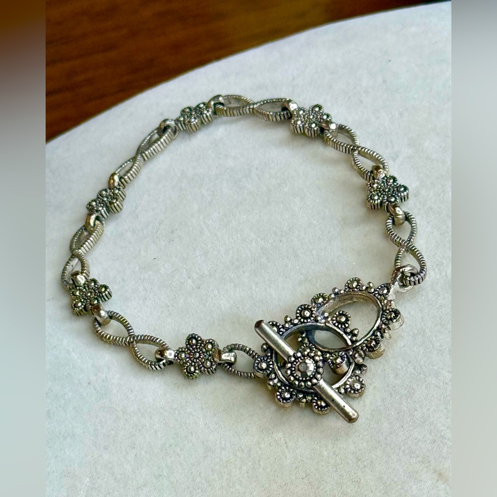 Vintage-Inspired Silver Floral Bracelet w/ Marcasite Accents & Toggle Clasp - Picture 1 of 10